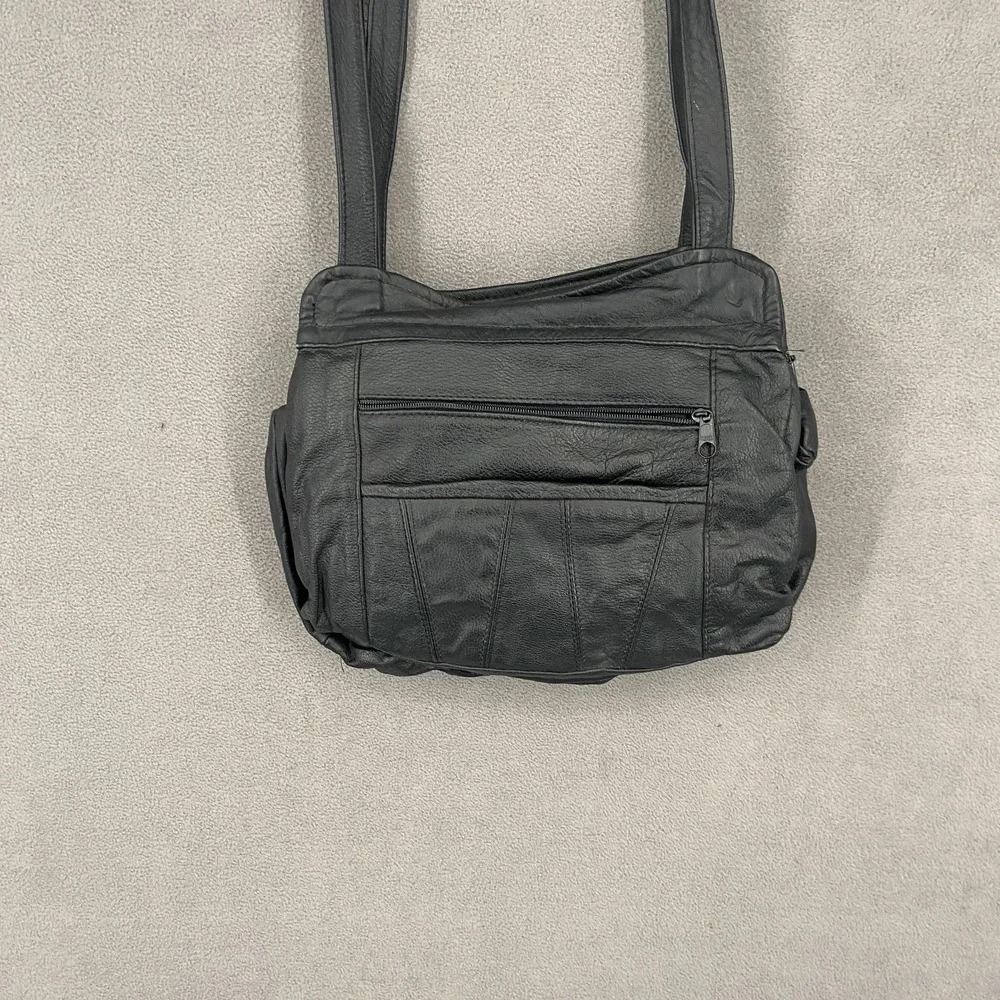 Vintage Unisex Black Leather Multiple Pockets Dual Carry Straps Shoulder Bag